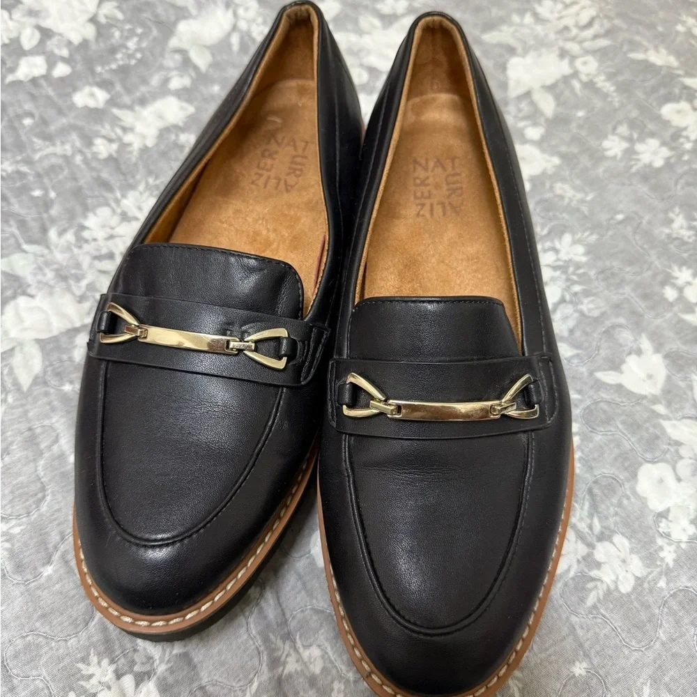 Naturalizer Black Leather Loafers with Gold Accent - Picture 8 of 10